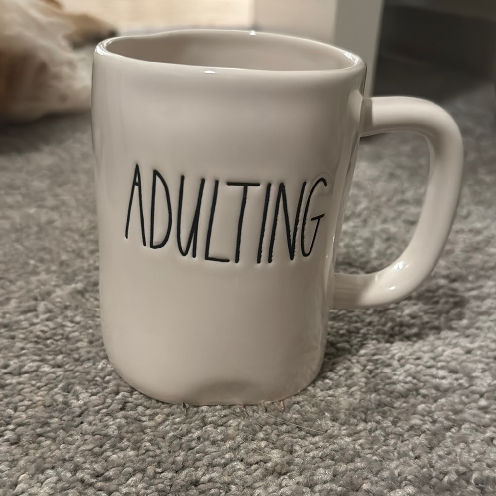 White Ceramic Mug with 'Adulting' Text